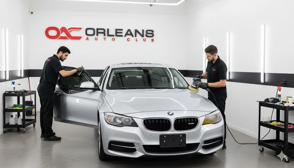 Car detailing professional at Orleans Auto Club working on window tinting and headlight polishing.