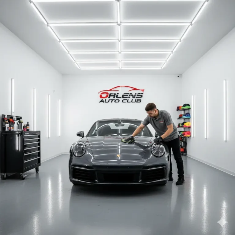 Professional car detailing workshop in Orleans with a technician working on a clean vehicle, and the Orleans Auto Club logo displayed on the workshop wall