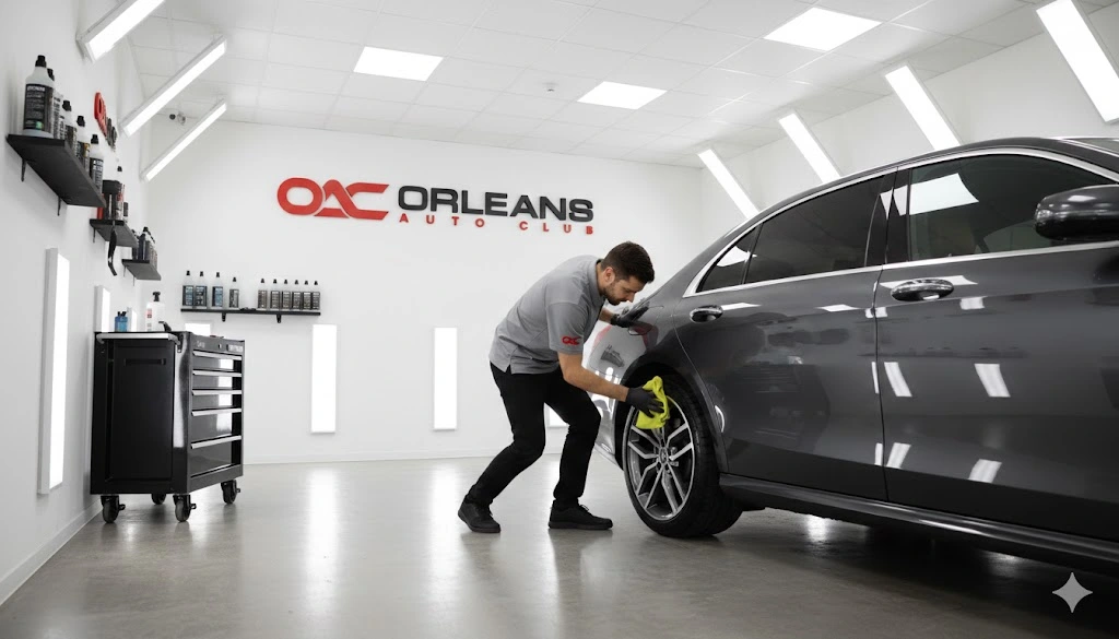 Technician performing routine car detailing inside a professional workshop, with a clean vehicle, organized tools, and the Orleans Auto Club logo displayed on the wall.
