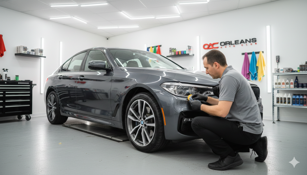 Technician preparing a vehicle for seasonal detailing inside a modern automotive workshop, with professional equipment visible and the Orleans Auto Club logo on the wall.