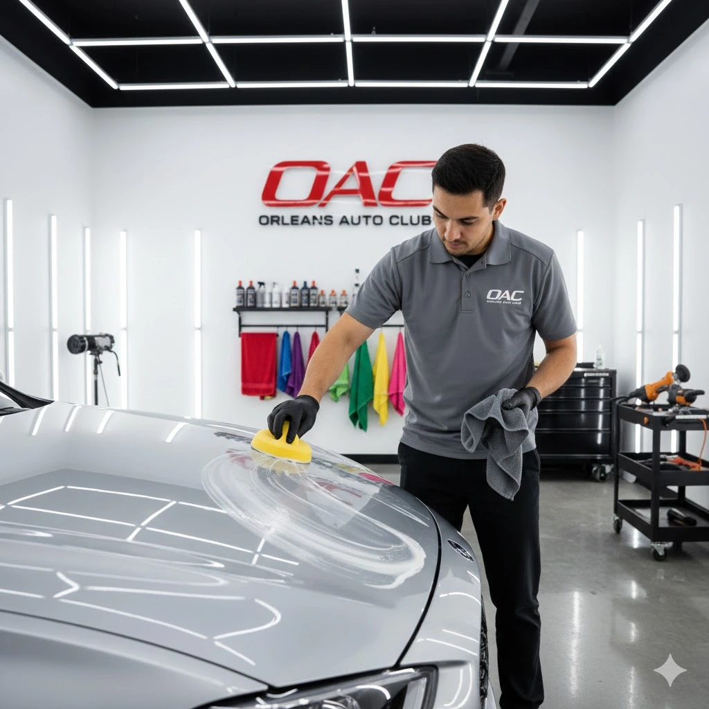 Technician washing and polishing a vehicle’s exterior inside a clean car detailing workshop, with the Orleans Auto Club logo visible on the wall.