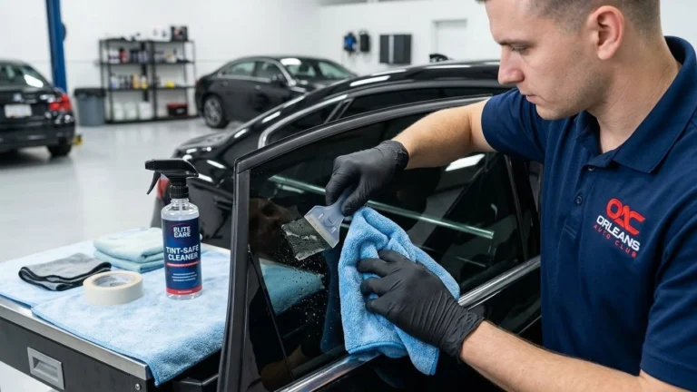 Person removing adhesive from a tinted car window using a microfiber cloth and plastic scraper.