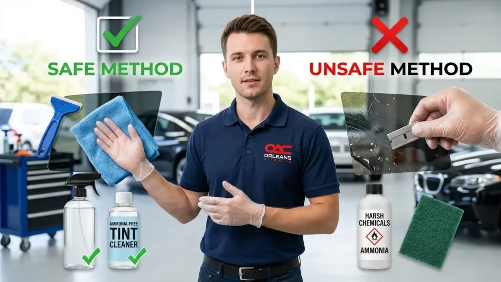 Safe and unsafe methods for removing adhesive from tinted windows