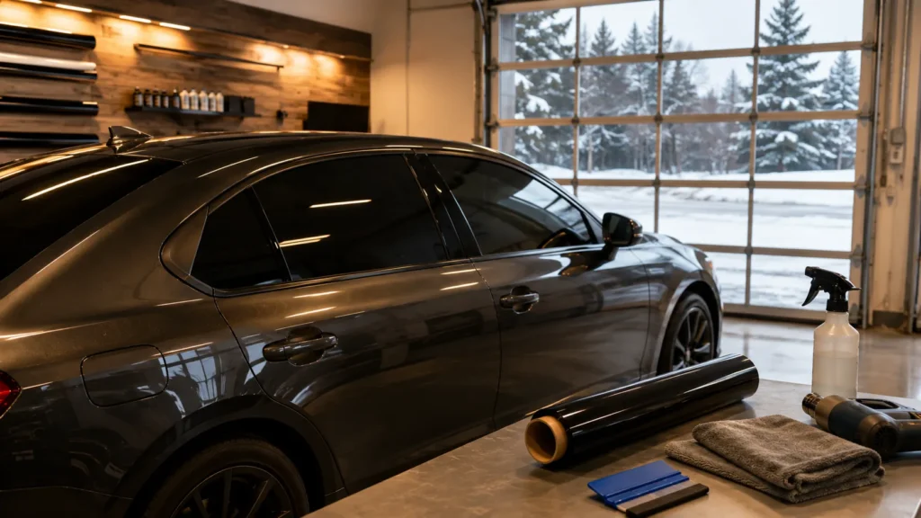 Car with newly tinted windows inside a warm automotive tinting shop during a Canadian winter.