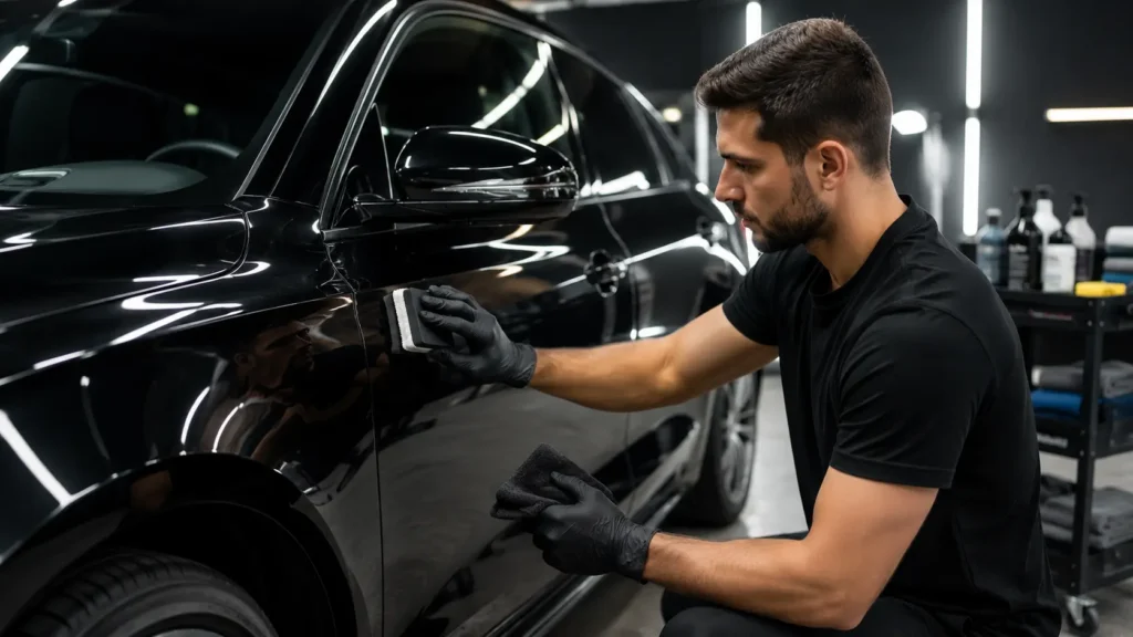Detailer carefully applying ceramic coating 