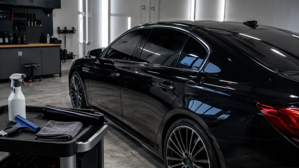 Modern car with newly installed tinted windows inside a clean auto tinting shop