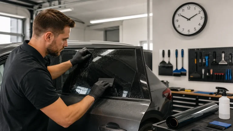 Professional auto window tint installer applying tint film to a modern car inside a clean automotive workshop.
