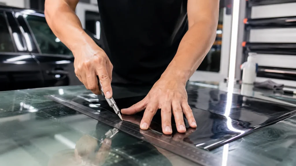 Professional installer measuring and cutting car window tint film on a clean glass surface