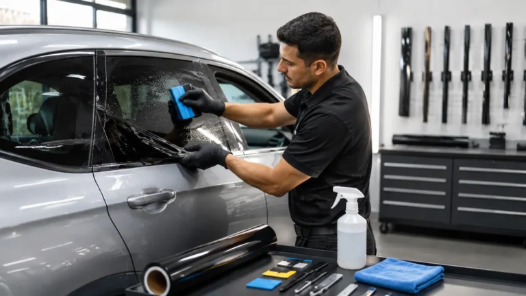Professional technician applying tint film to the side window of a clean modern car inside a bright auto detailing workshop.