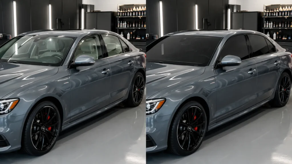 Same modern car before and after window tinting