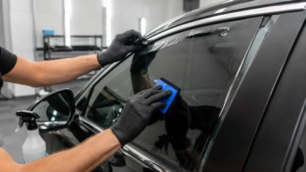 Technician carefully applying window tint film to a car side window