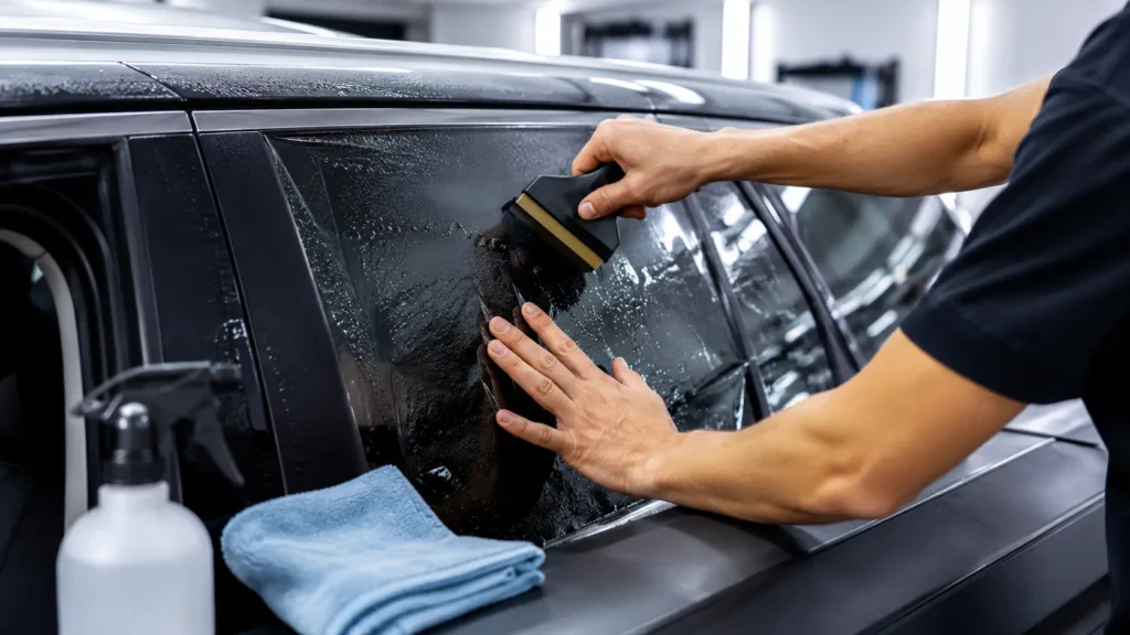 Technician smoothing the film carefully to remove water and air bubbles