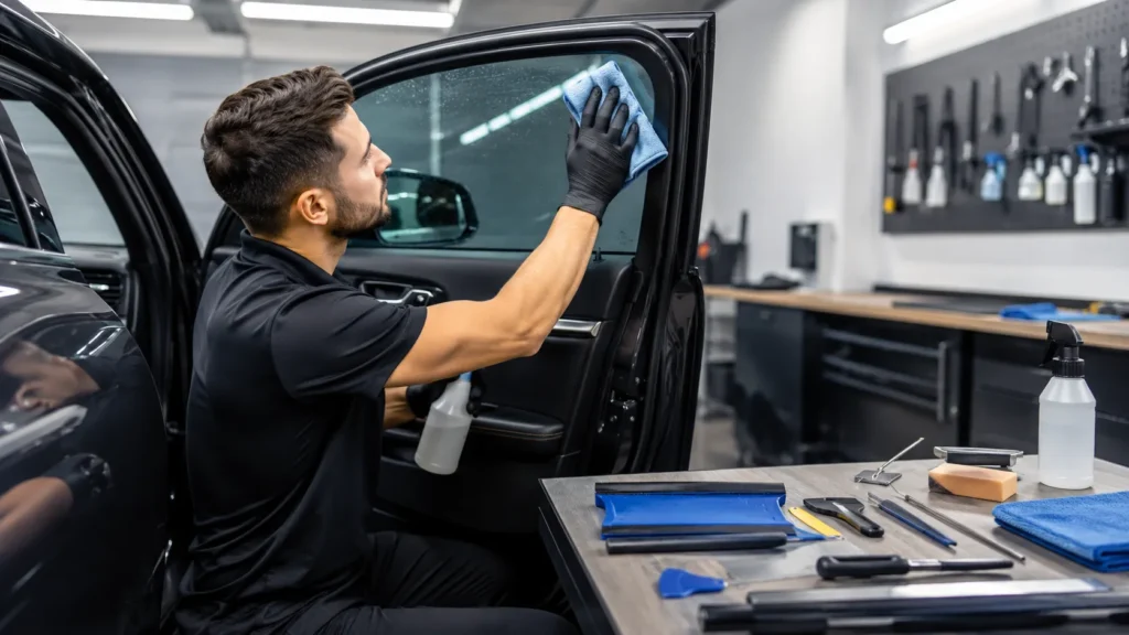 Technician using a microfibre cloth and spray bottle on the inside glass, with tinting tools placed neatly on a workbench