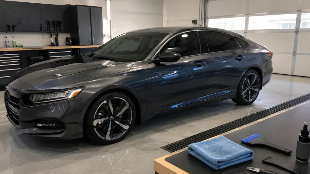 Tinted car parked inside a clean garage while the tint cures