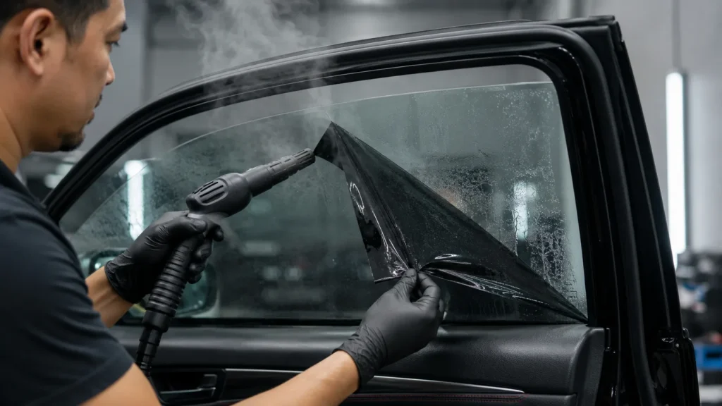 car window tint removal process using gentle heat from a steamer or heat tool