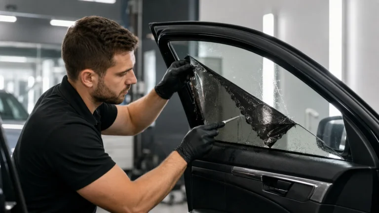 professional technician carefully removing old window tint from a car
