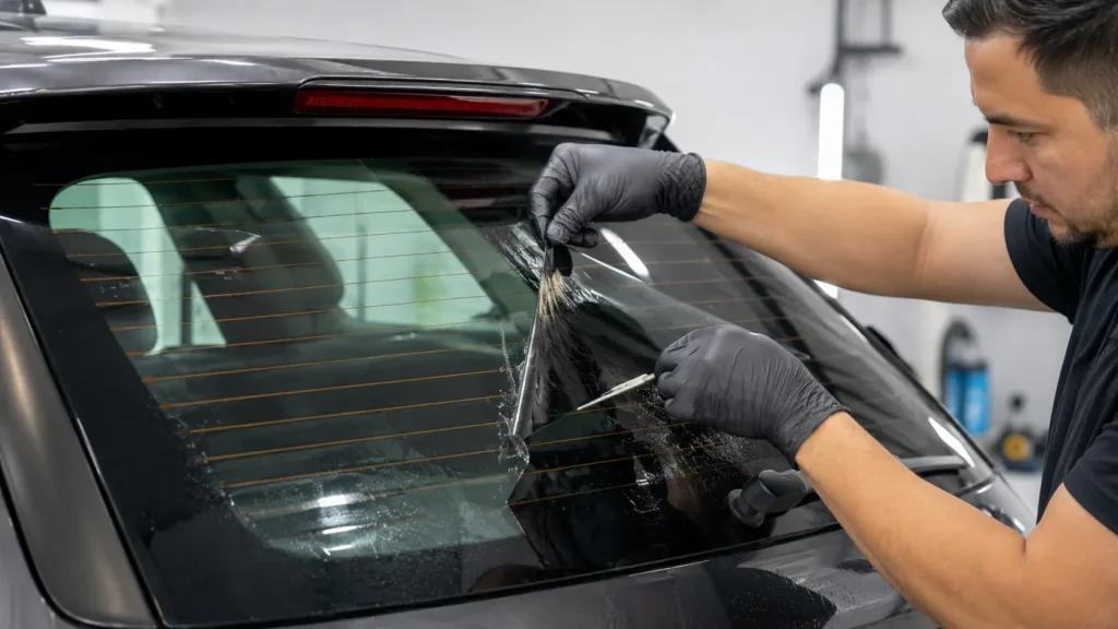 professional technician carefully working around the glass using safe, gentle methods to protect defroster lines