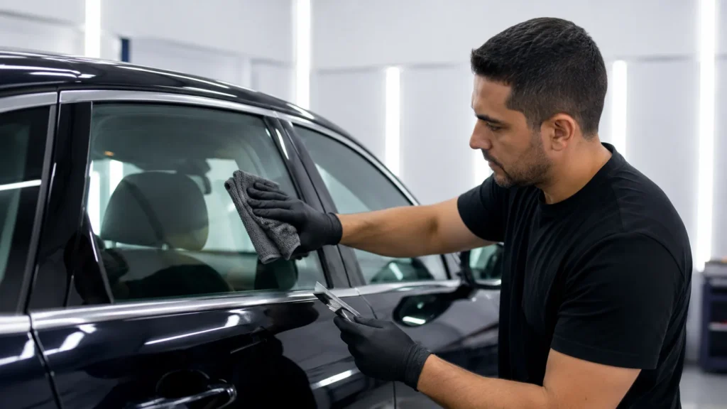 technician cleaning leftover adhesive residue from a car window