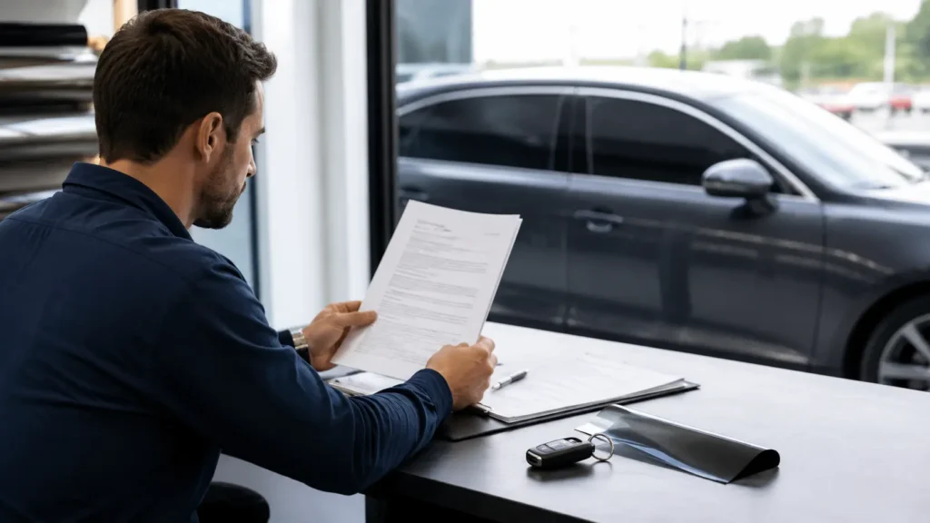 Car owner reviewing a vehicle lease agreement while sitting at a clean desk beside car keys and a small sample of window tint film