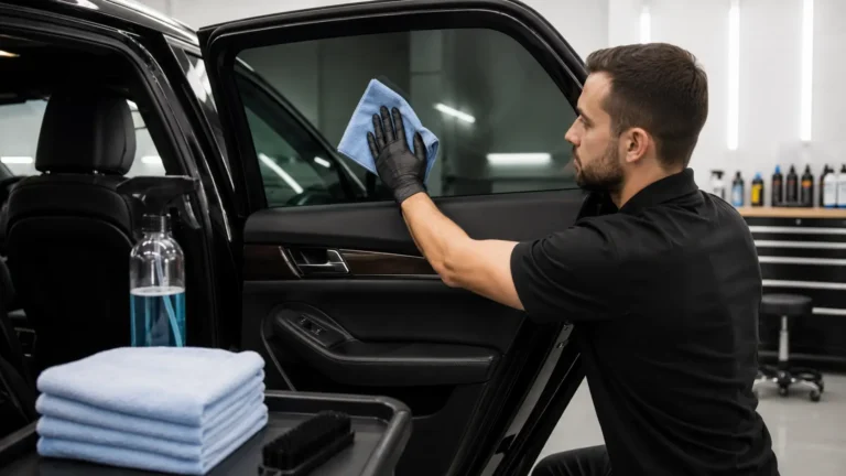Clean modern car inside a bright auto detailing workshop, with a person gently cleaning the inside tinted side window using a soft microfibre cloth