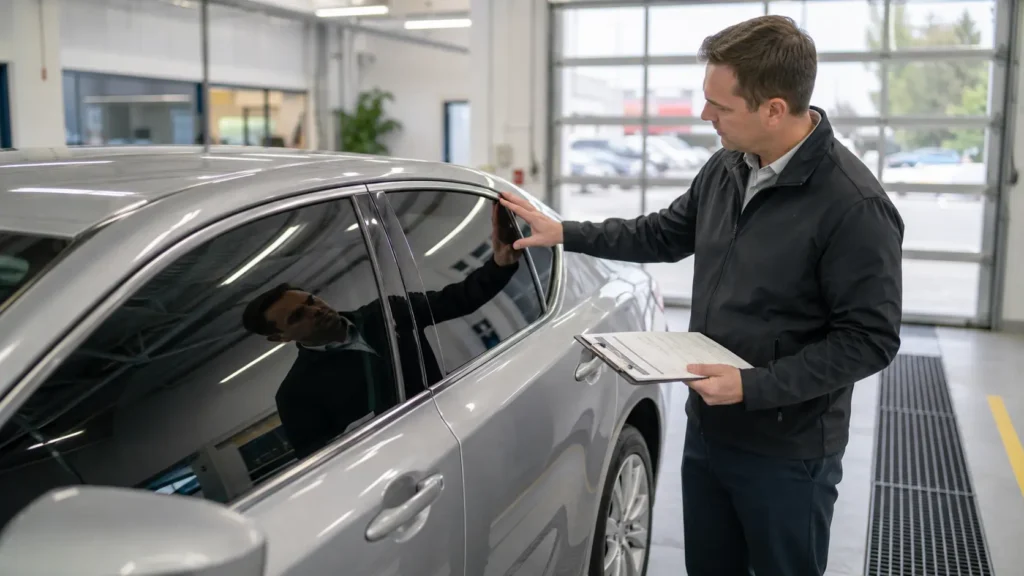 Clean modern vehicle with tinted windows in a dealership or inspection bay, with an inspector checking the side window and glass condition using a clipboard
