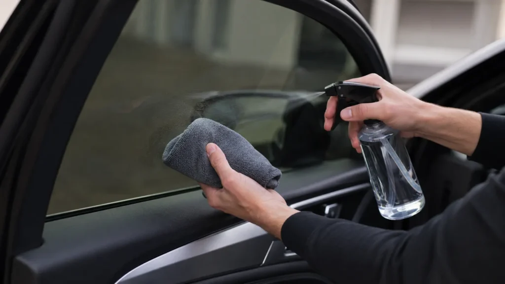 Cleaner being sprayed onto the cloth instead of directly onto the glass