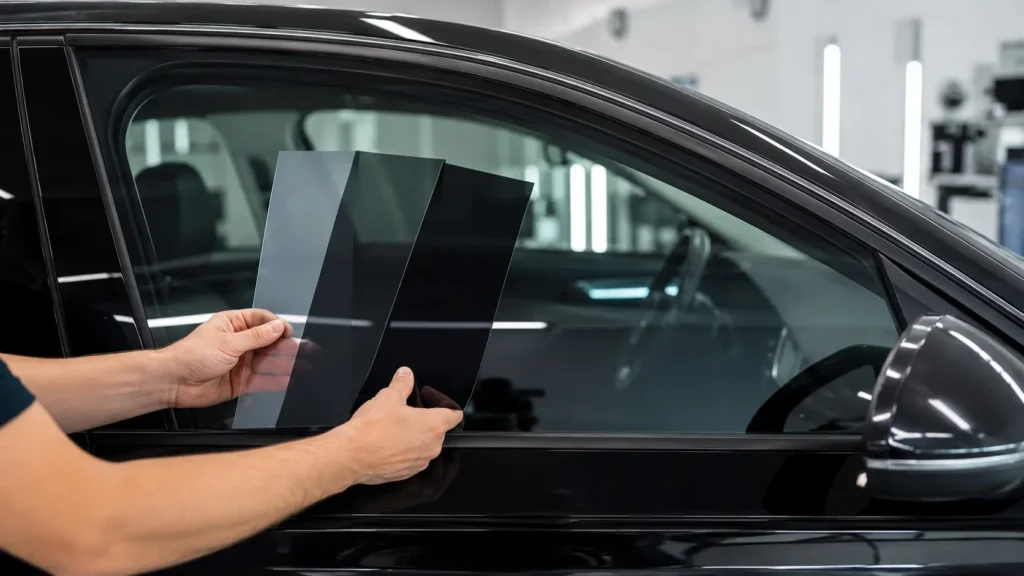 Different car window tint shade samples held beside a modern car window in a clean auto workshop