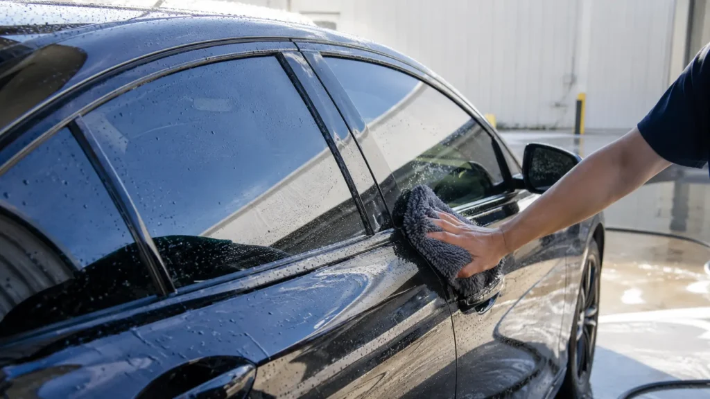 Freshly tinted car being gently washed from the outside with a soft wash mitt and clean water