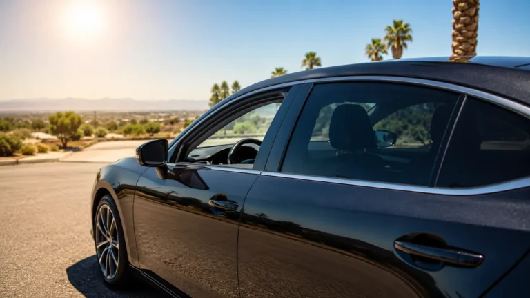Modern car parked under bright summer sunlight, with professionally tinted windows reflecting the sky and surroundings