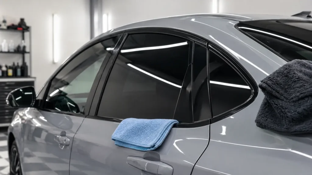 Modern car with clean, streak-free tinted windows after proper cleaning