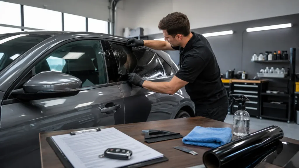 Modern leased vehicle inside a clean professional auto tinting workshop, with a technician carefully applying window tint film to the side window