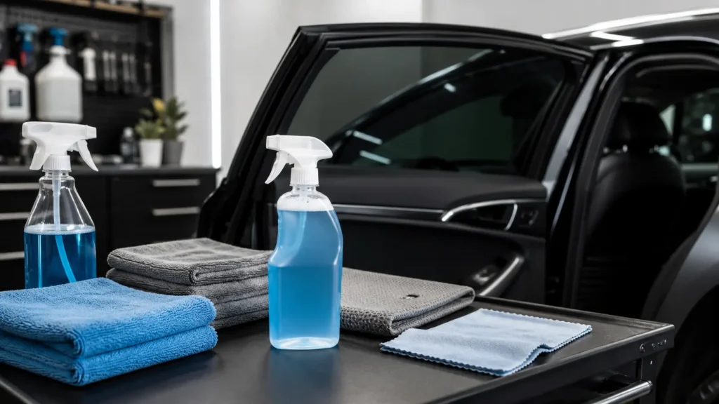 Safe cleaning items for tinted car windows arranged on a clean workbench beside a car door