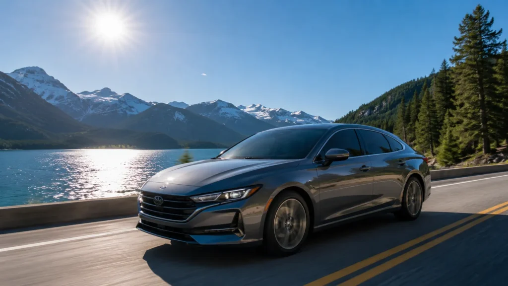 Modern car with tinted windows driving on a sunny Canadian road for UV protection and comfort