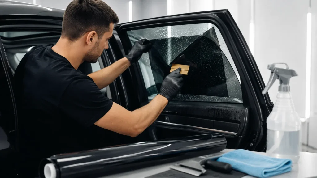 Technician installing ceramic window tint film on a car window for UV protection and sun control