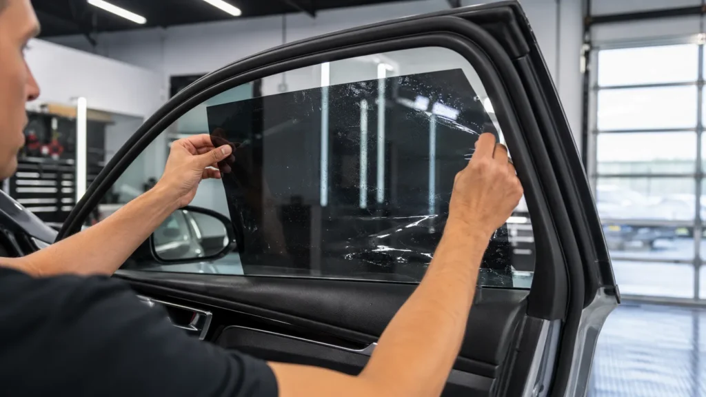 technician installs window tint film on the interior side of the glass