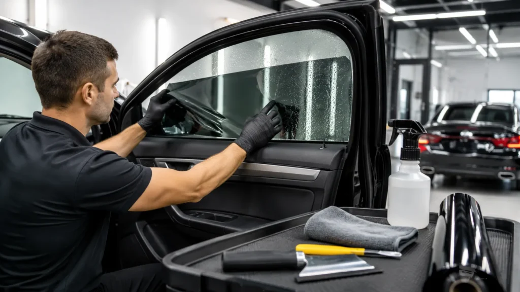technician is applying tint film to the inside of a modern car side window