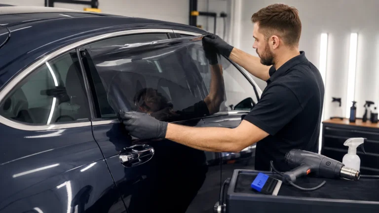 technician temporarily placing tint film on the outside of a car window to measure, cut, and heat-shape it before final installation