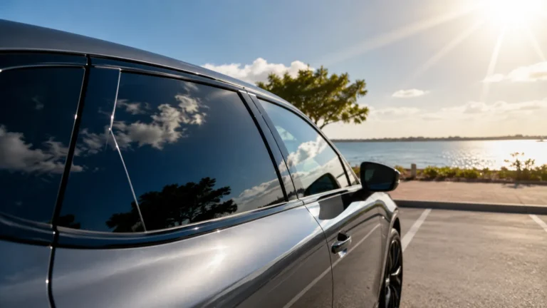 Modern car with tinted windows reflecting sunlight to show UV ray protection and reduced glare