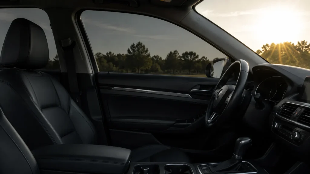 Shaded car interior with tinted windows helping protect seats and dashboard from sun exposure