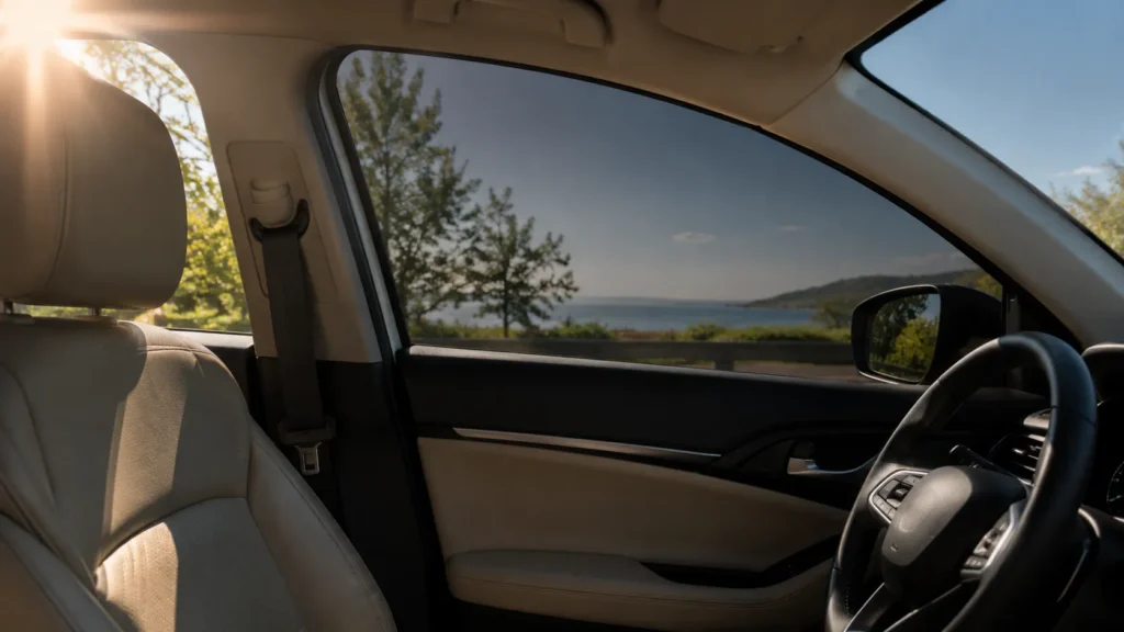 Car interior with tinted side window reducing sunlight, glare, and UV exposure while driving