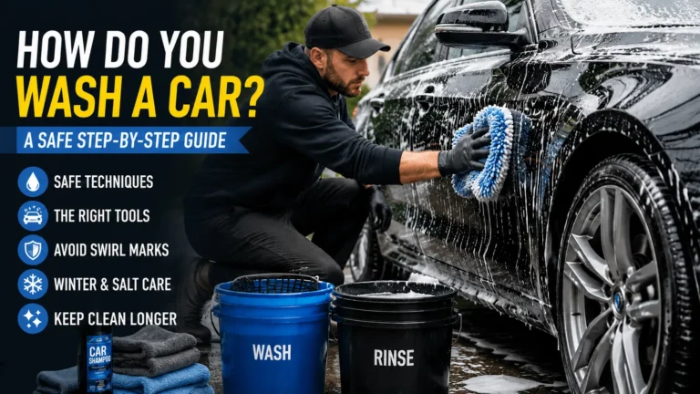 A person washing a black car with car shampoo and microfiber tools showing a safe step-by-step guide on how to wash a car