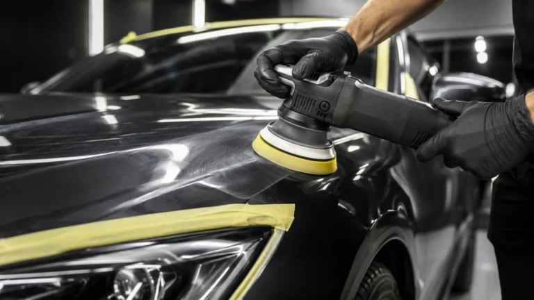 Professional using a dual-action polisher to remove ceramic coating from black car paint