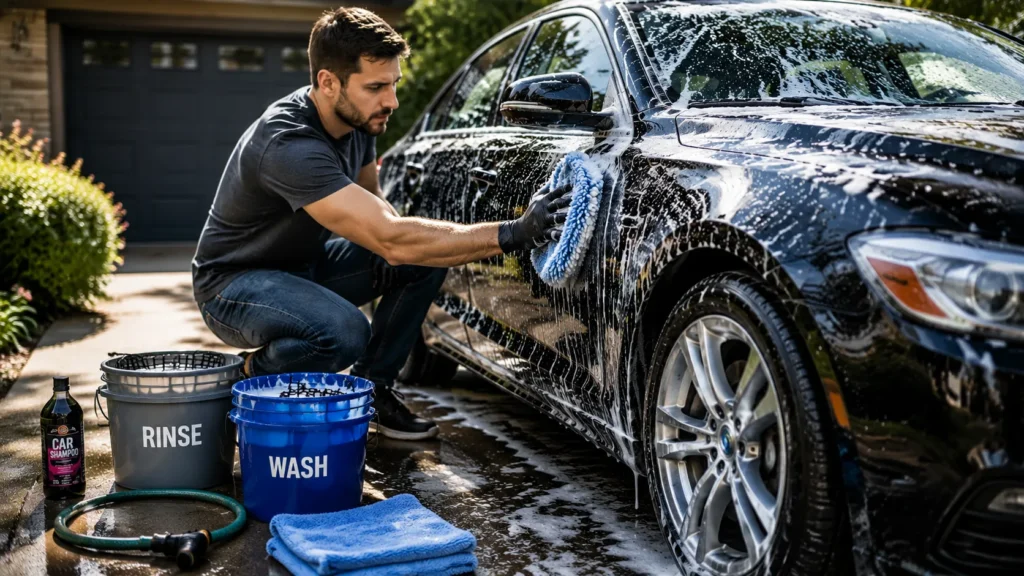 man-washing-car-with-microfiber-mitt-at-home
