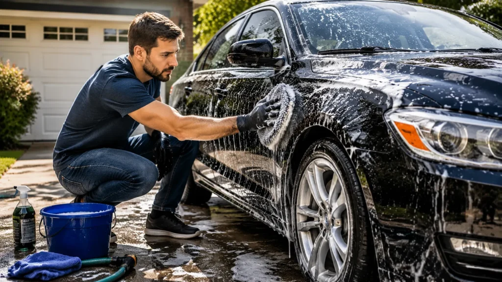 person-washing-black-car-by-hand-at-home