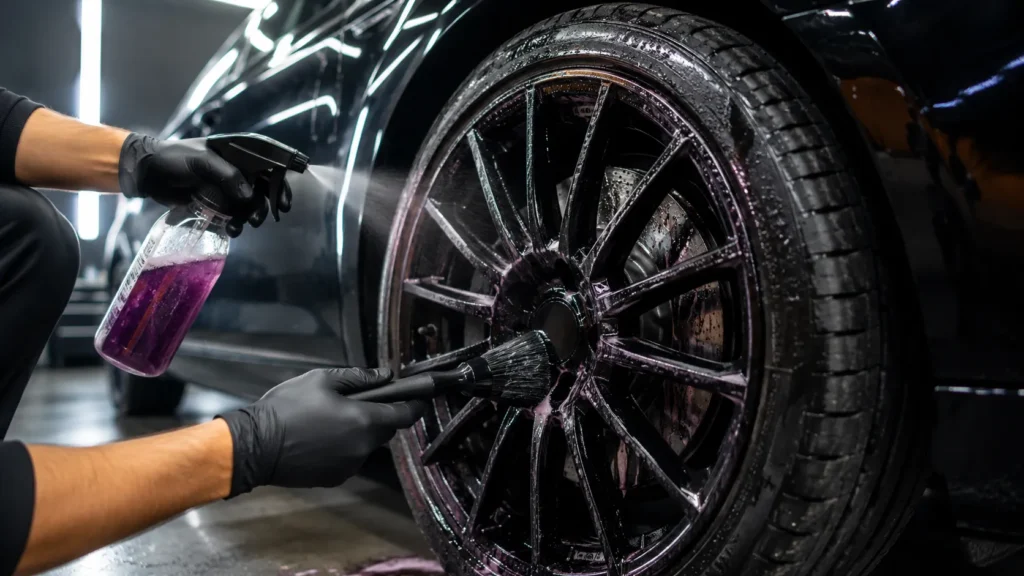 Detailer cleaning a black alloy wheel to remove ceramic coating and bonded contamination