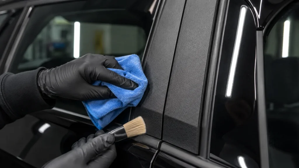 Detailer gently cleaning ceramic coating residue from textured plastic car trim