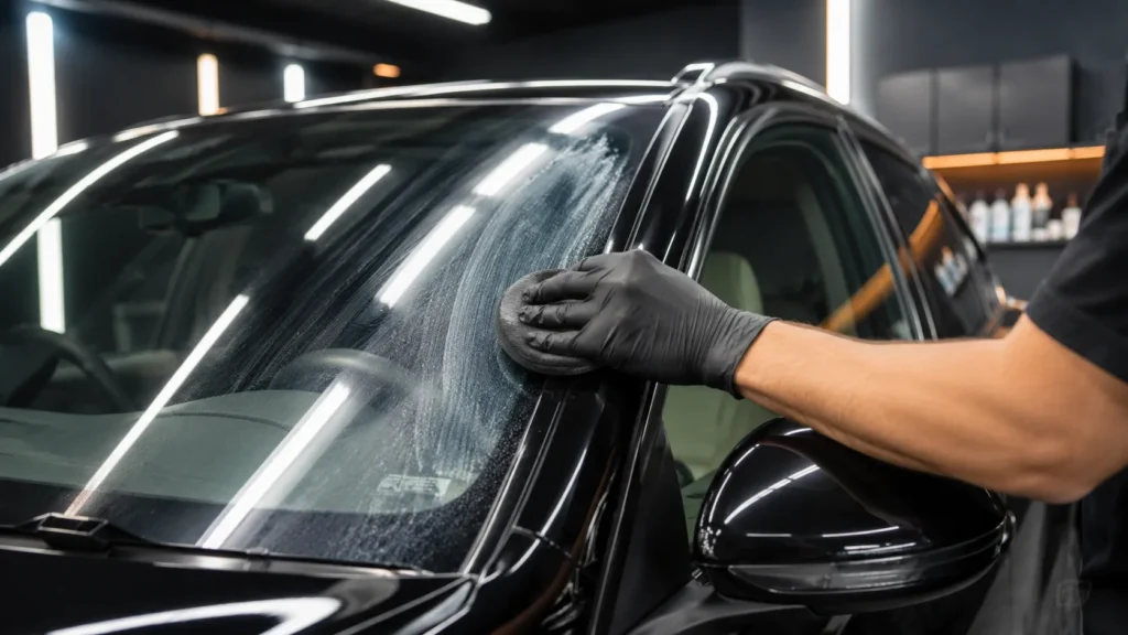 Detailer polishing a car windshield to remove an old ceramic glass coating