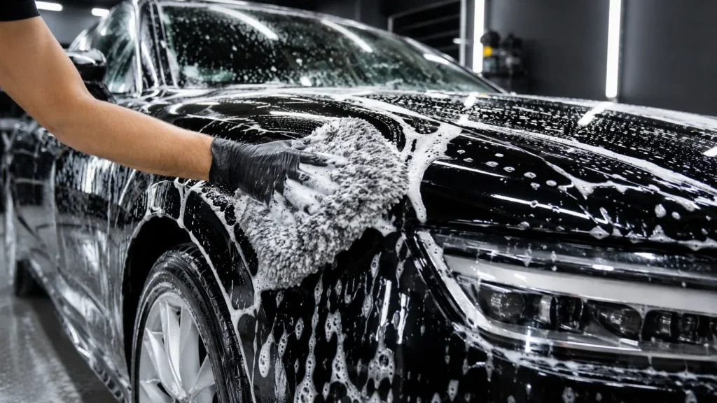 Detailer washing and decontaminating a black car before removing the ceramic coating