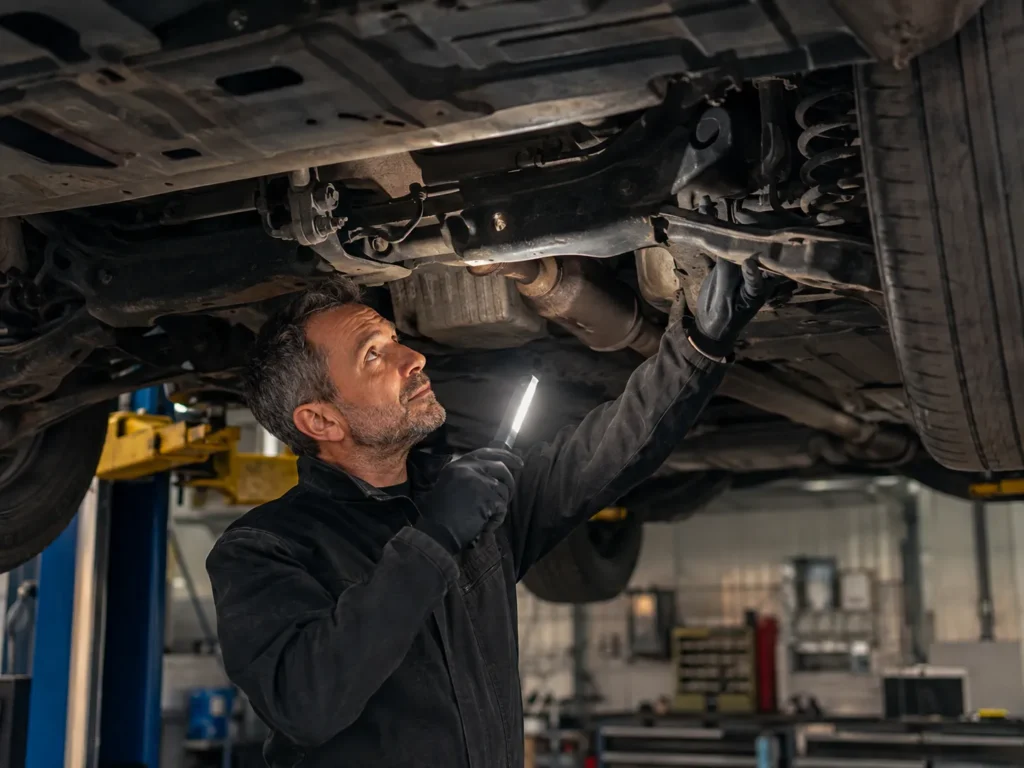 Mechanic inspecting a vehicle undercarriage for rust, corrosion, and coating damage