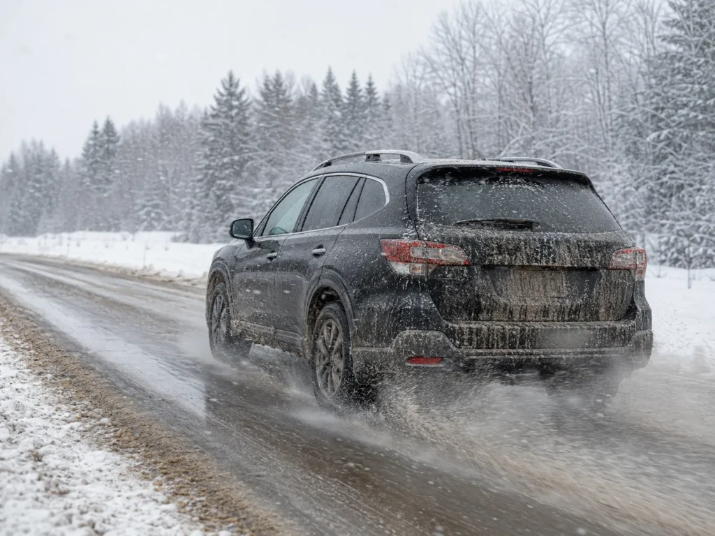 SUV driving on a snowy Canadian road exposed to slush, moisture, and road salt